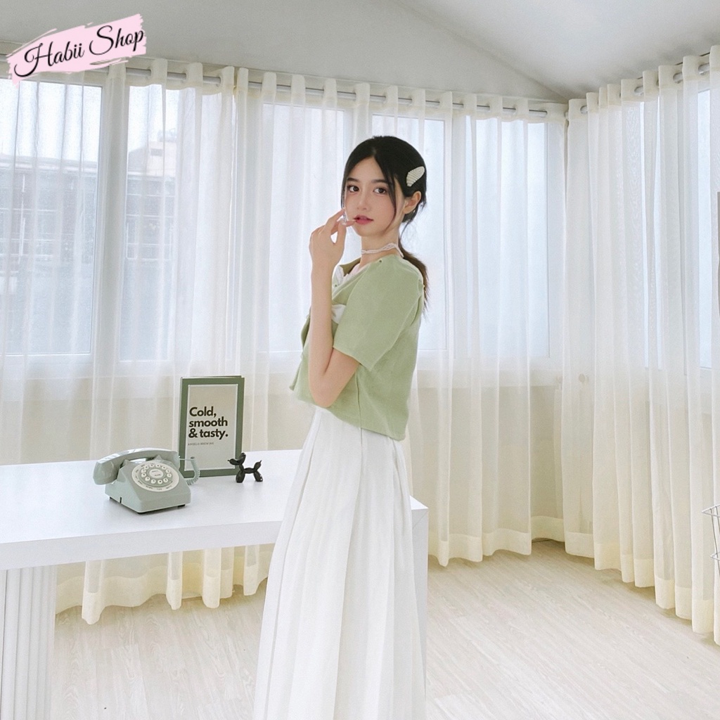 Set đồ nữ sang chảnh áo tiểu thư tay bồng chân váy xếp ly dài công sở  - Set tiểu thư ulzzang HABII SE12