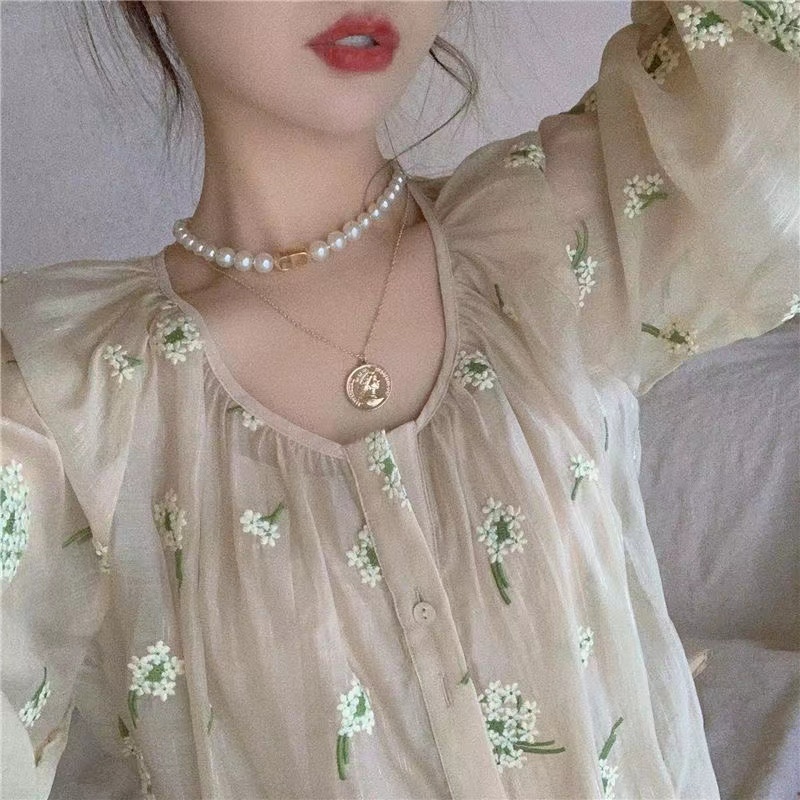 Áo Sơ Mi Voan Dài Tay Thêu Hoa Phong Cách Hàn Quốc Cho Nữ baju baju wanita Lenan panjang