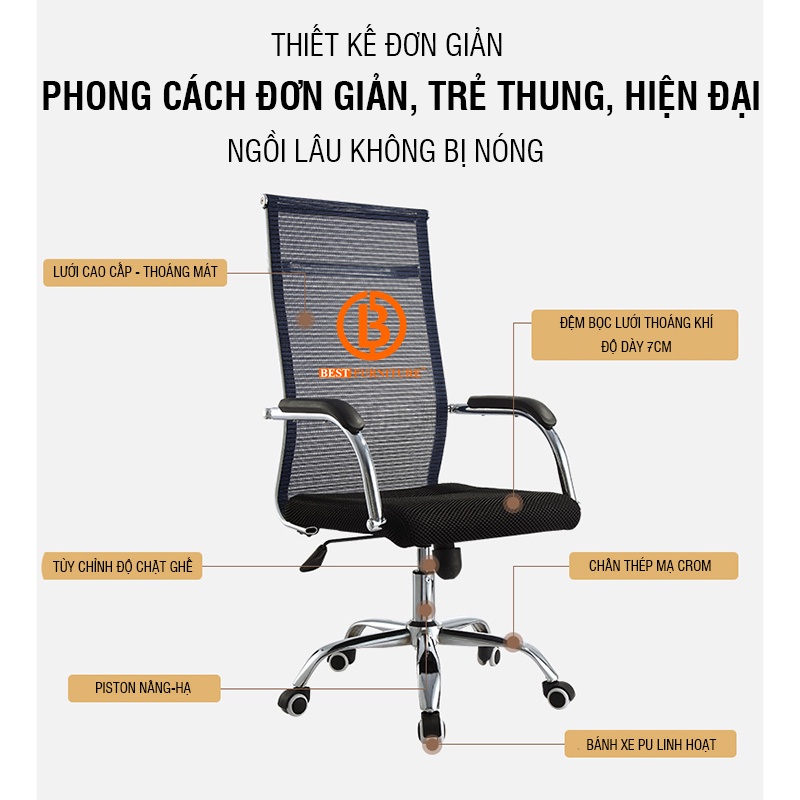 Ghế xoay lưới lưng cao BOX204 - Khung thép siêu bền - Dòng ghế văn phòng được ưa chuộng