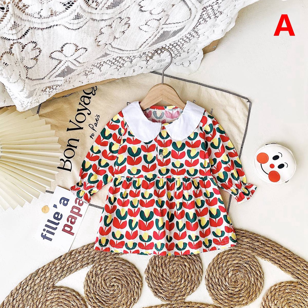 Đầm công chúa SANLUTOZ tay dài bằng cotton in họa tiết hoa thời trang xuân thu cho bé gái