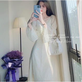 Váy dàu tay bồng cổ tym có dây buộc nơ chất đẹp hàng loại 1