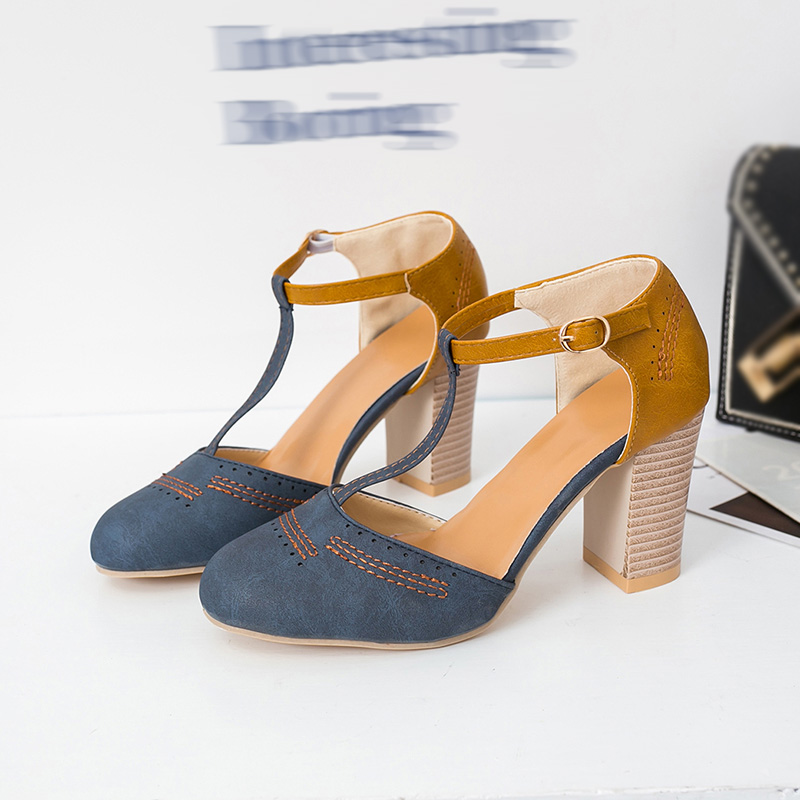 Giày cao gót mũi tròn quai cài chữ T thời trang cổ điển cho nữ size 35-40 41 42 43