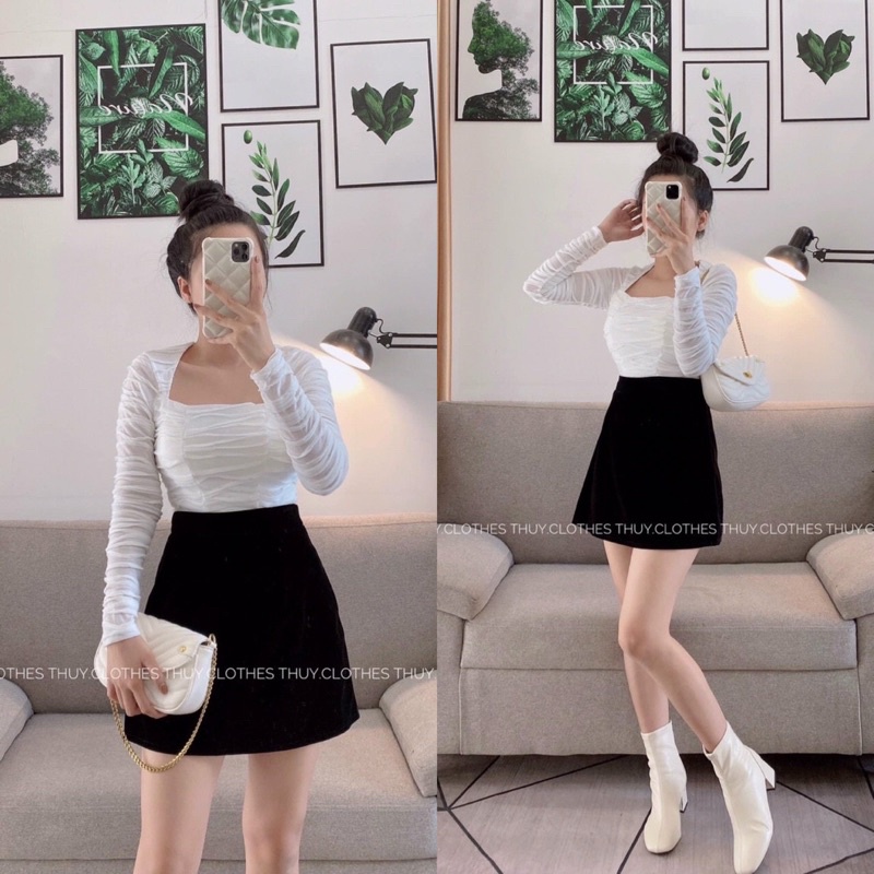Set áo trắng cổ vuông nhún chân váy nhung