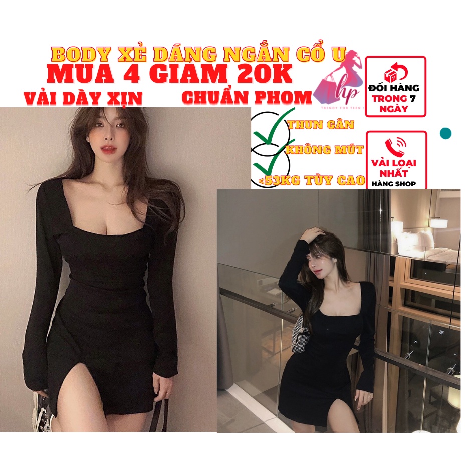 Váy đầm nữ body cổ U dáng ngắn tay dài màu đen thun gân sexy phong cách sang chảnh hàn -VD136