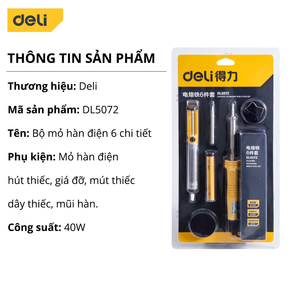 Bộ Mỏ Hàn Điện Deli 6 Chi Tiết Chính Hãng Chất Lượng Cao - Sử Dụng Đa Năng, Tiện Ích - DL5072