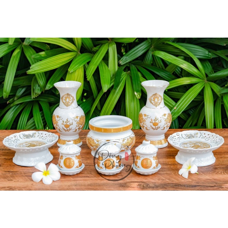 Set Đồ Thờ Cúng - Đồ Thờ Phụng Sứ Trắng Hoa Văn Rồng Vàng cao cấp