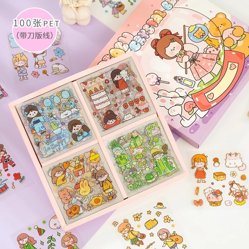 Hộp 100 tờ stickers PVC kháng nước/sticker giấy dễ thương siêu hịn