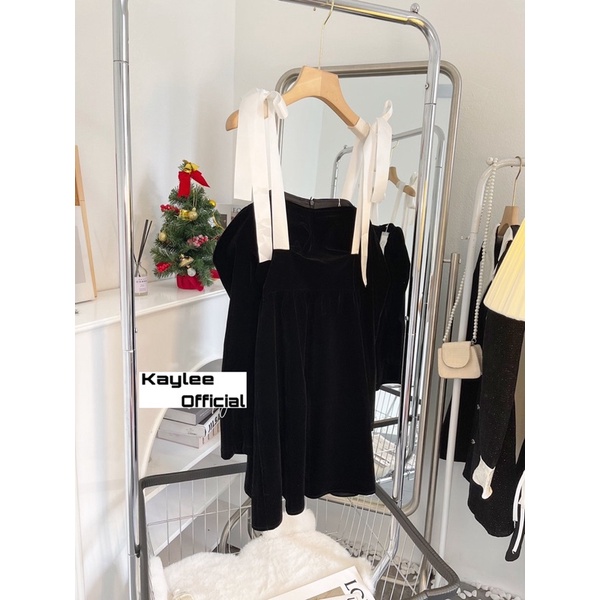 Váy Babydoll Nhung Buộc Nơ Trễ Vai Hàng QC ảnh thật cận chất Kaylee | BigBuy360 - bigbuy360.vn