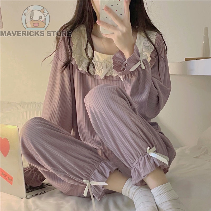 Bộ Đồ Ngủ Tay Dài Phối Ren Màu Tím Dễ Thương Phong Cách Hàn Quốc Thời Trang Mùa Thu Cho Nữ