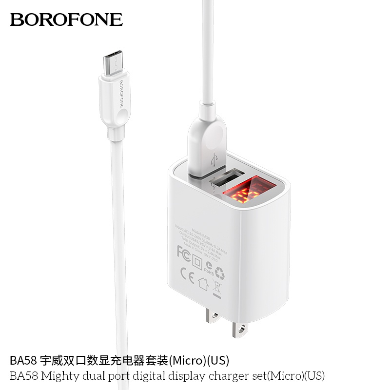 Bộ sạc cáp 2.4A BOROFONE BA58 đèn LED 2 cổng USB dây dài 1m - Chính hãng