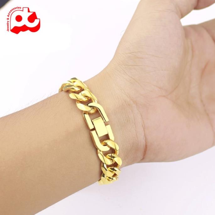 Lắc tay nam lặc đơn kiểu vác cạnh titan cao cấp rẻ đẹp khóa bộ thép không gỉ PT JEWELRY cỡ 13mm mạ vàng PTLTNA14