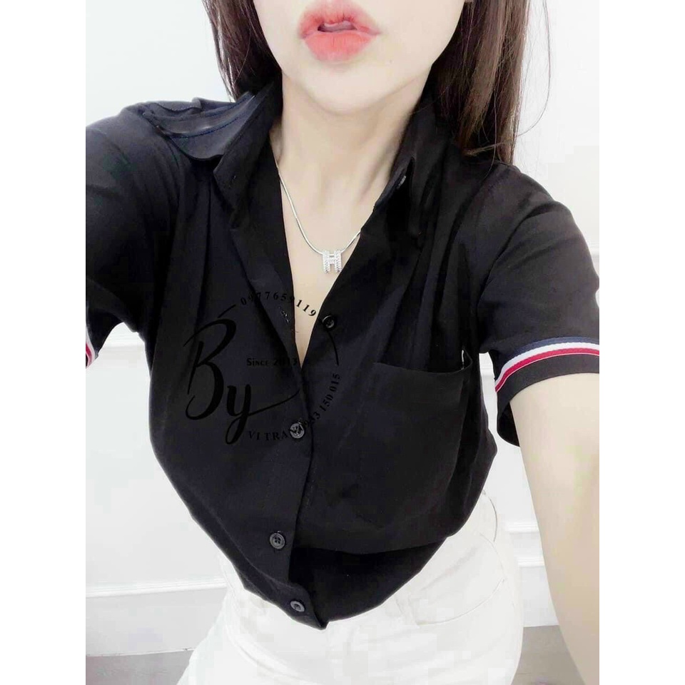 áo sơ mi tay ngắn có túi viền đỏ tay kp