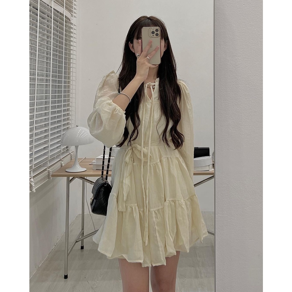 Váy đũi tơ nhăn tay bo kèm đau thắt "CARA DRESS" babydoll tiểu thư siêu xinh