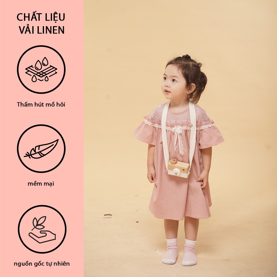Váy cho bé gái màu hồng thiết kế ren cổ tay xoè búp bê - Đầm cho bé gái vải lanh cao cấp M60 Fuku Babo