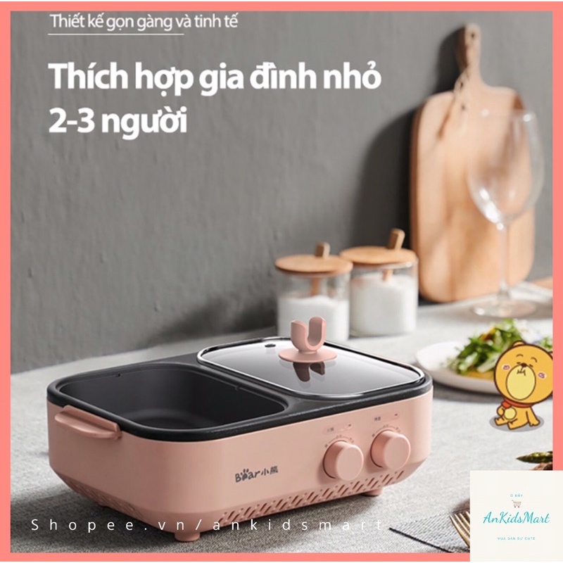 Bếp Điện Nướng Và Lẩu 2 Ngăn Màu Hồng 600W Bear DKL-C12D1