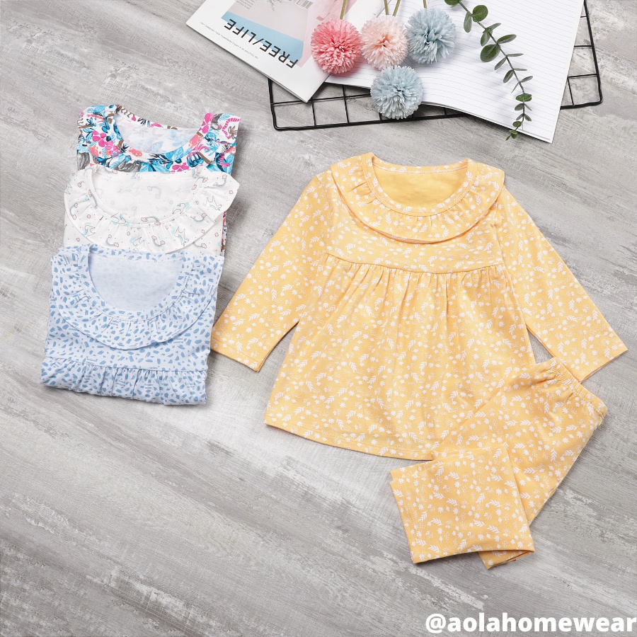 Bộ dài tay bé gái thun cotton mặc ngủ áo babydoll, pijama bé gái cổ bèo họa tiết hoa nhí kỳ lân Áo Lá Homewear A001
