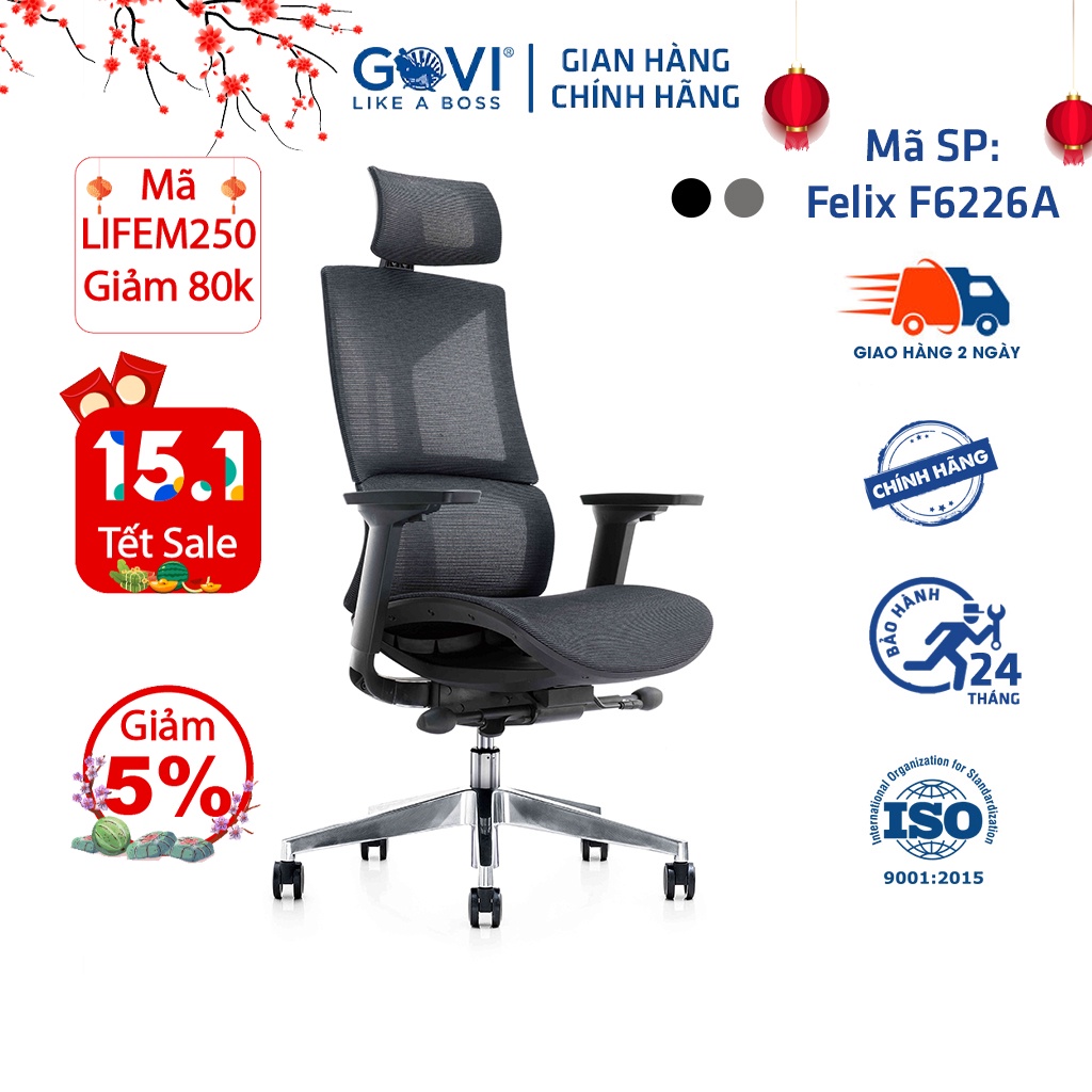 Ghế công thái học Ergonomic GOVI Felix F6226A - Tựa đầu điều chỉnh độ cao, tựa tay 3D nâng hạ, mâm ghế ngả 3 vị trí