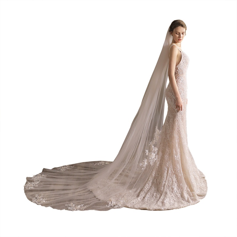 Mạng Che Mặt Cô Dâu 1 Tầng Dài 118 Bằng Vải Tuyn Phối Ren Trang Nhã