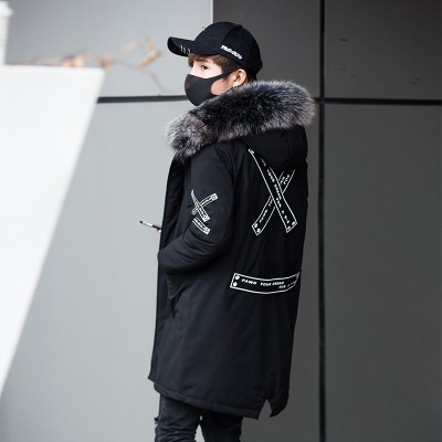 Áo khoác/Áo khoác bông nam, dáng dài, cổ lông, quai vải, chất thoáng mát, phong cách Hàn Quốc, phù hợp cho mùa đông, cập