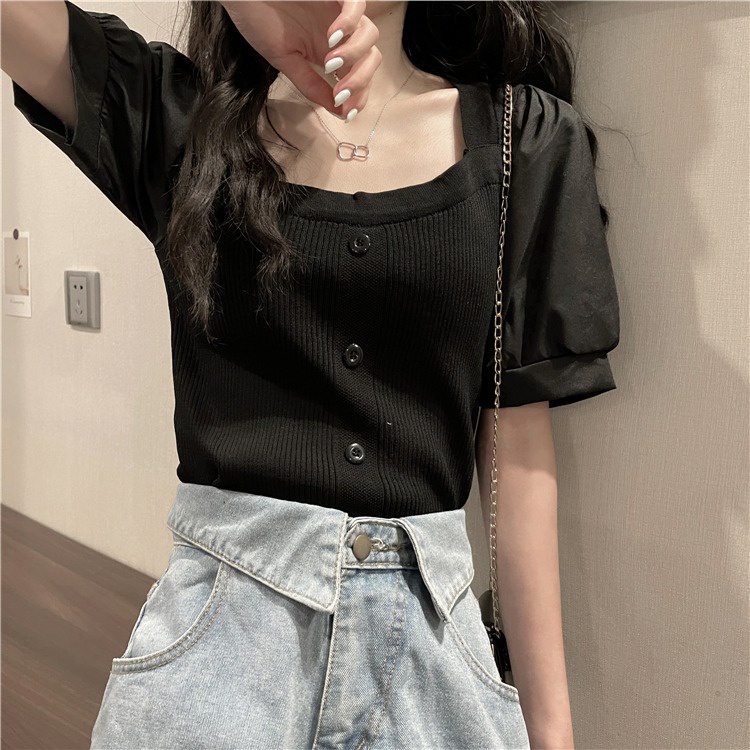 Áo thun ZHELIHANGFEI dệt kim tay phồng cổ vuông thời trang mùa hè dành cho nữ