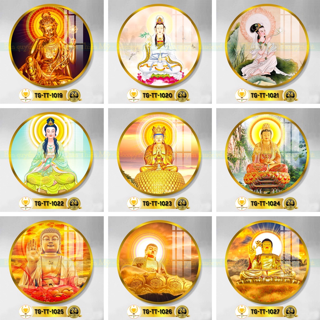 Tranh tròn treo tường tráng gương chủ đề Phật Giáo nhiều mẫu Quán Thế Âm, Phật A Di Đà, Phật Thích Ca