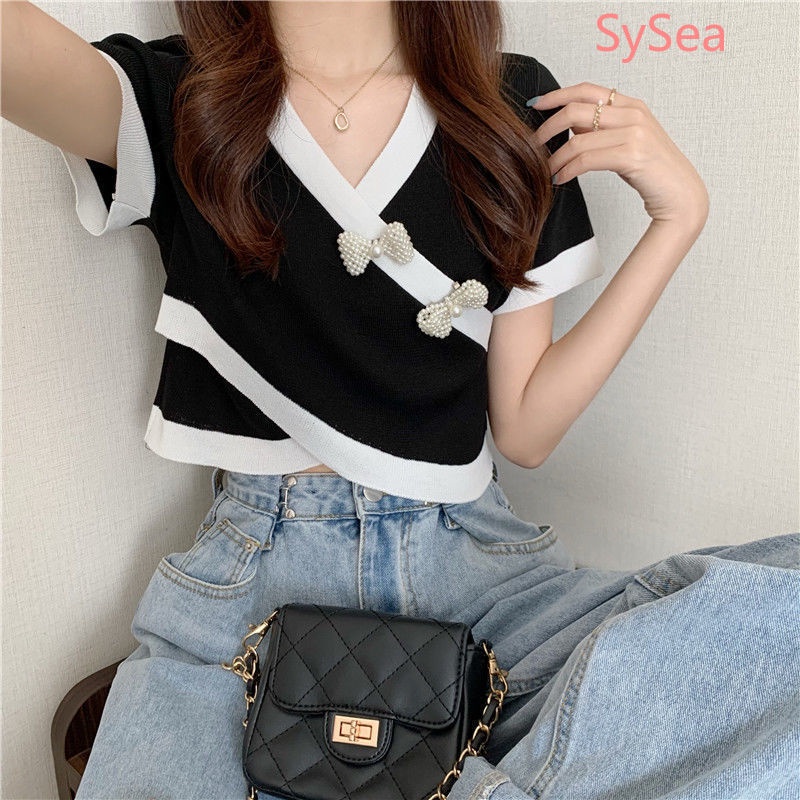 Áo Dệt Kim Đính Ngọc Trai Thời Trang Mùa Hè Hàn Quốc Dành Cho Nữ