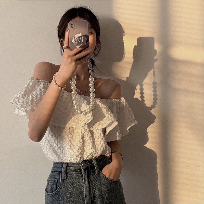 Design High-Grade Ruffled Collarbone off-Shoulder Top Summer Super Fairy Jacquard Short Sleeve Western Style Women's White Shirt