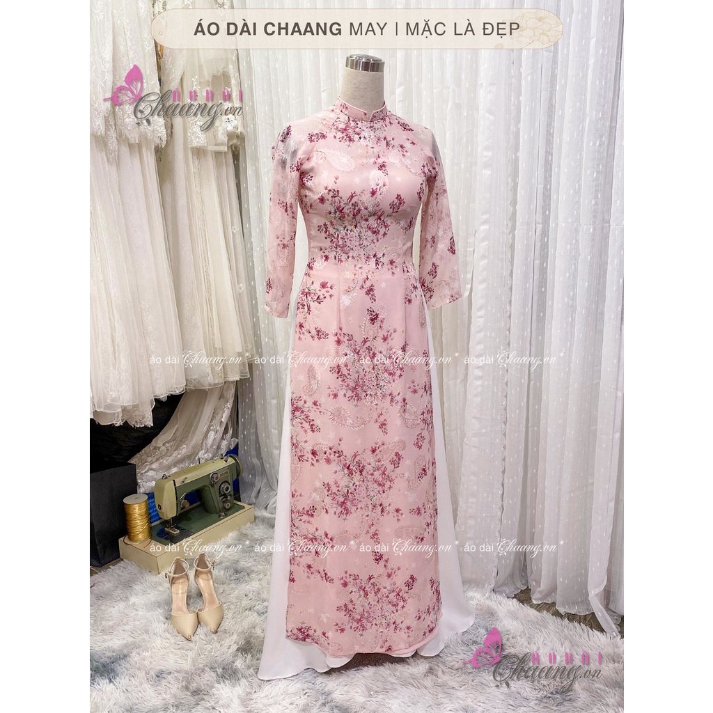 Áo dài nữ 4 tà CHAANG May sẵn hoa nhí truyền thống cổ cuông tay lỡ lụa tơ hoa đẹp 021