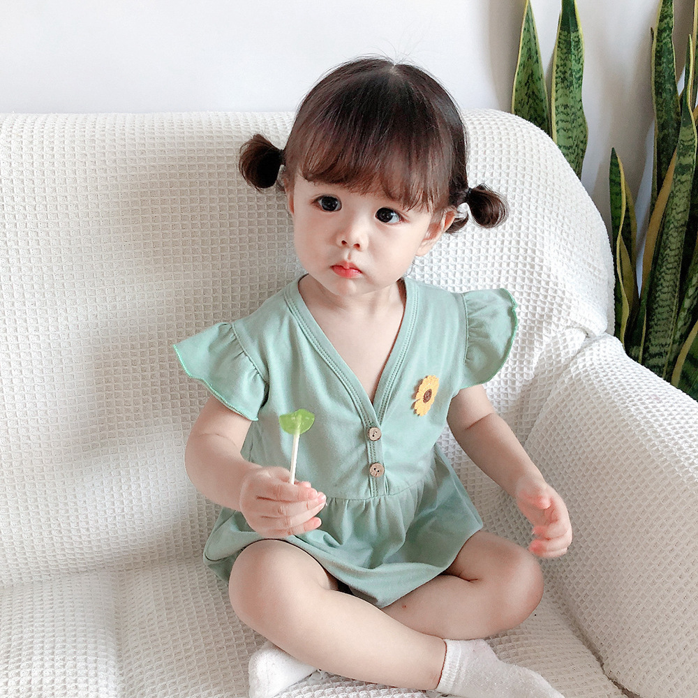 Áo Liền Quần Chất Cotton Hoạ Tiết Hoa Thêu Đáng Yêu Cho Bé