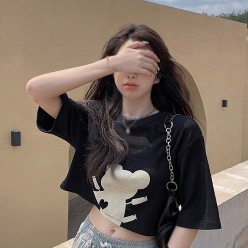 Áo Thun Ngắn Tay Dáng Rộng Eo Cao In Hình Gấu Thời Trang Mùa Hè Hàn Quốc