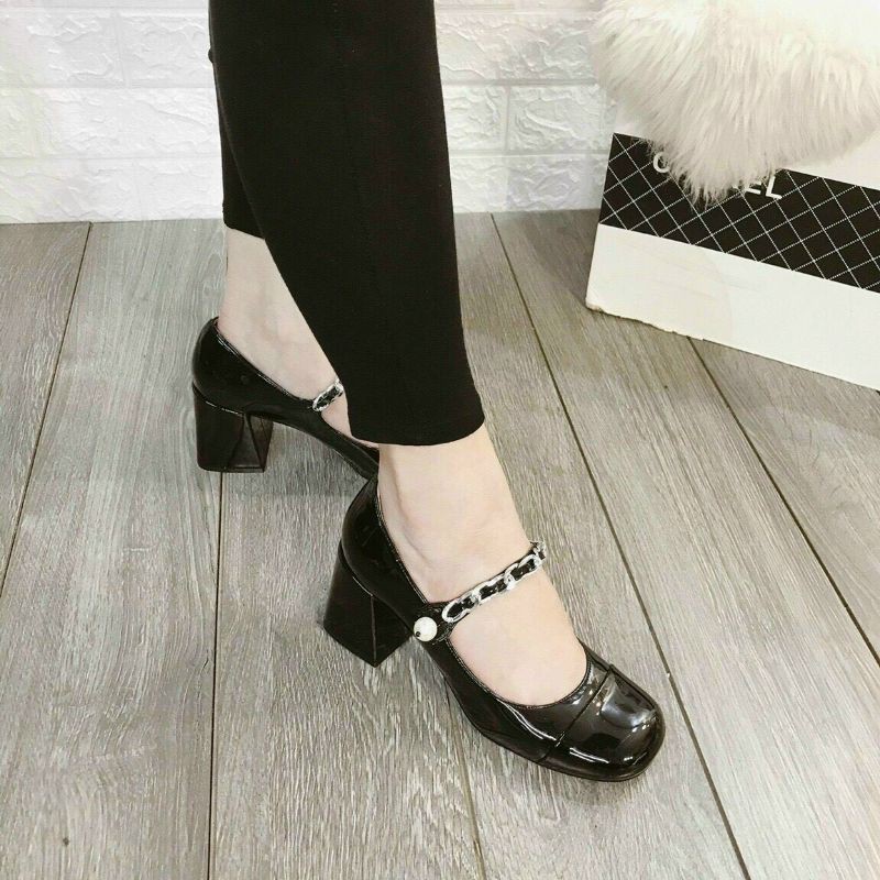 JH(VIDEO) Giày Cao Gót 7p Miu Miu Mũi Tròn Quai Xích Ngọc Da Bóng Mềm Êm Fullbox Bill Túi Cao Cấp