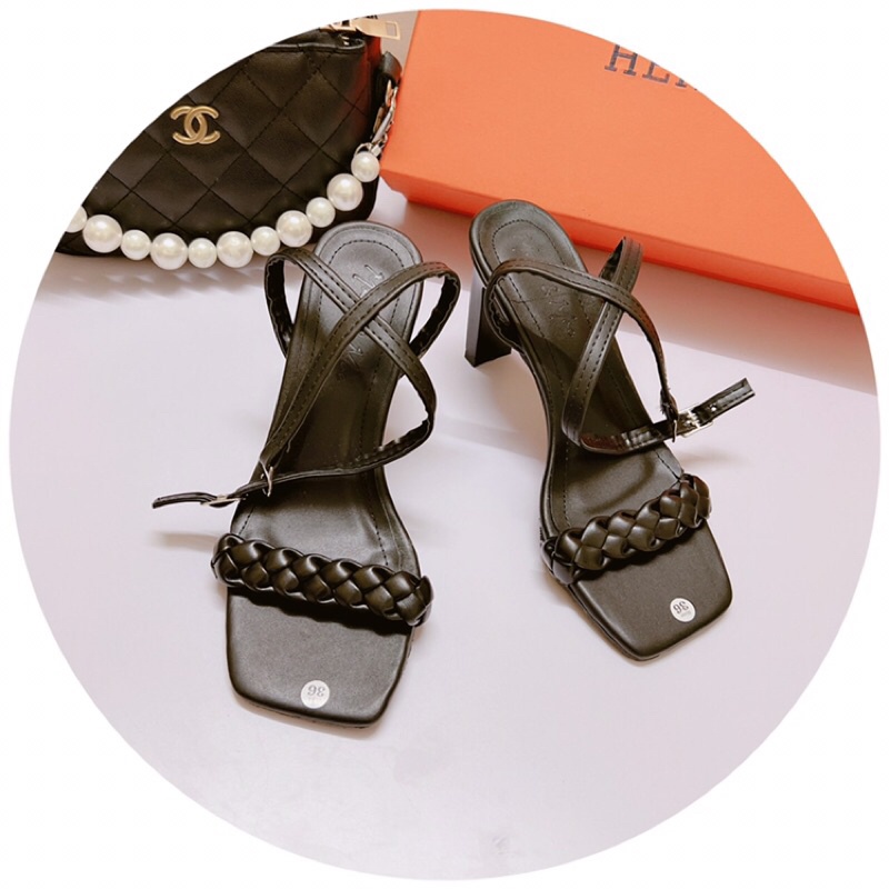Sandal nữ cao gót 8p quai tết nhỏ gót dẹt-Hàng có sẵn