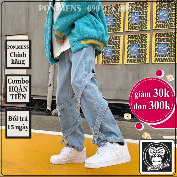 Quần jean ống rộng nam nữ unisex màu xanh nhạt và đen trang trí dây đẹp mới hà nội hcm Pon.mens