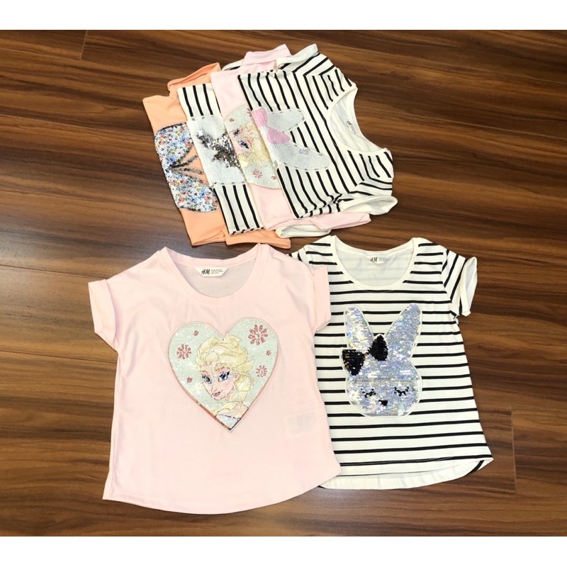 Áo phông/cộc bé gái kim sa lật thỏ/mèo/elsa