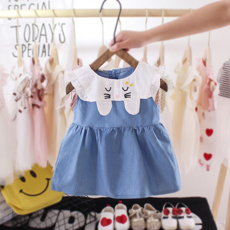 Đầm Denim Họa Tiết Thỏ Thời Trang 2020 Dành Cho Bé 1-3 Tuổi