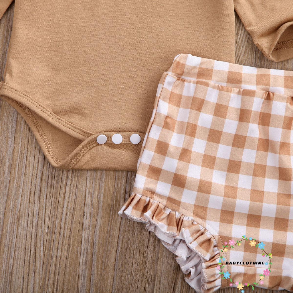 ღWSVღ3PCS Toddler Baby Girls Cotton Long Sleeve Romper Bodysuit Ruffle Plaid Short Pants Headband Clothes Outfit Set