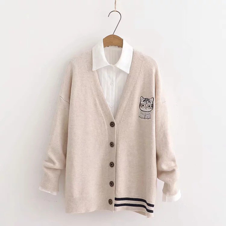 Áo cardigan len huy hiệu mèo dáng ngắn xuất Nhật - hàng đẹp chất dày dặn | BigBuy360 - bigbuy360.vn
