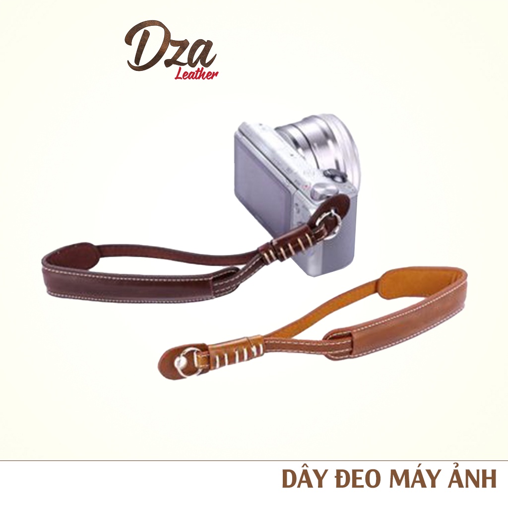 Dây đeo máy ảnh cổ tay da bò handmade dài 19cm dùng cho DSLR, compact Dza leather 3 màu lựa chọn