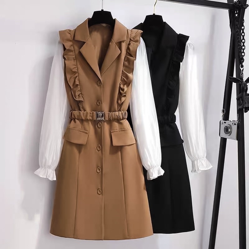 ĐẦM VIỀN TAY BÈO PHỐI 2 MÀU NÂU - ĐEN