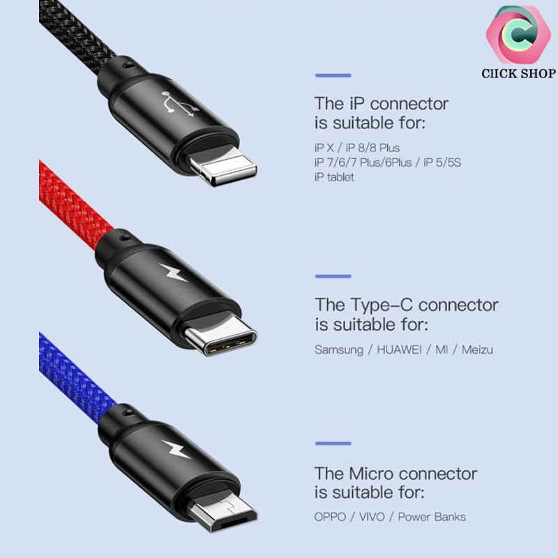 Cáp chia baseus đầu USB ra 3 đầu Type-C Micro USB sạc Iphone