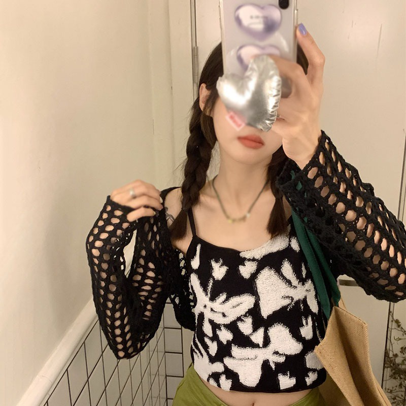 Set Áo Croptop Hai Dây + Áo Khoác Chống Nắng Dài Tay Thời Trang Nữ