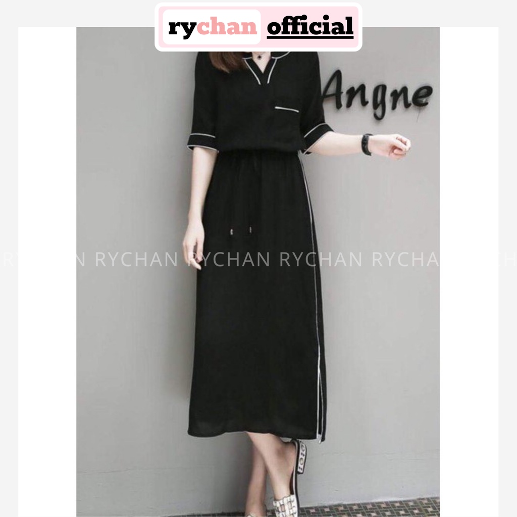 DM688 - Đầm Maxi Lụa Phối Viền Xẻ Tà
