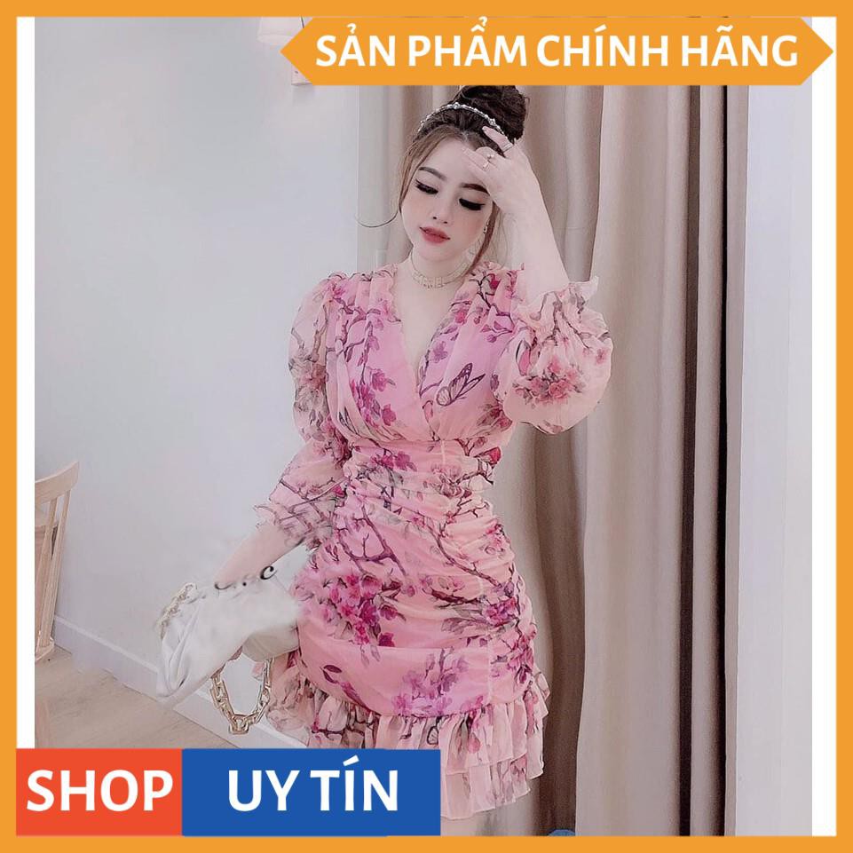 Đầm Nữ Voan Hoa Cổ Chữ V Phối Tay Dài Trẻ Trung Họa Tiết Chân Váy Xếp Tầng Nhún Thân Dạo Phố - Winchois