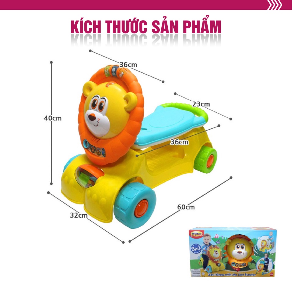 Xe tập đi kiêm chòi chân và trượt scooter 3 trong 1 hình sư tử có nhạc cho bé Winfun 0855