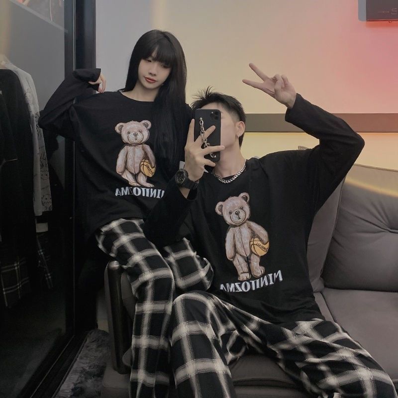 Set đồ ngủ tay dài dáng rộng phong cách Hàn Quốc dễ thương thời trang mùa thu cho nam nữ