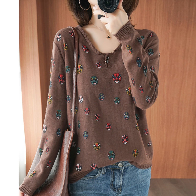 Áo Thun 100% Cotton Tay Dài Dáng Rộng In Hoạ Tiết Xinh Xắn Phong Cách Retro Cho Nữ