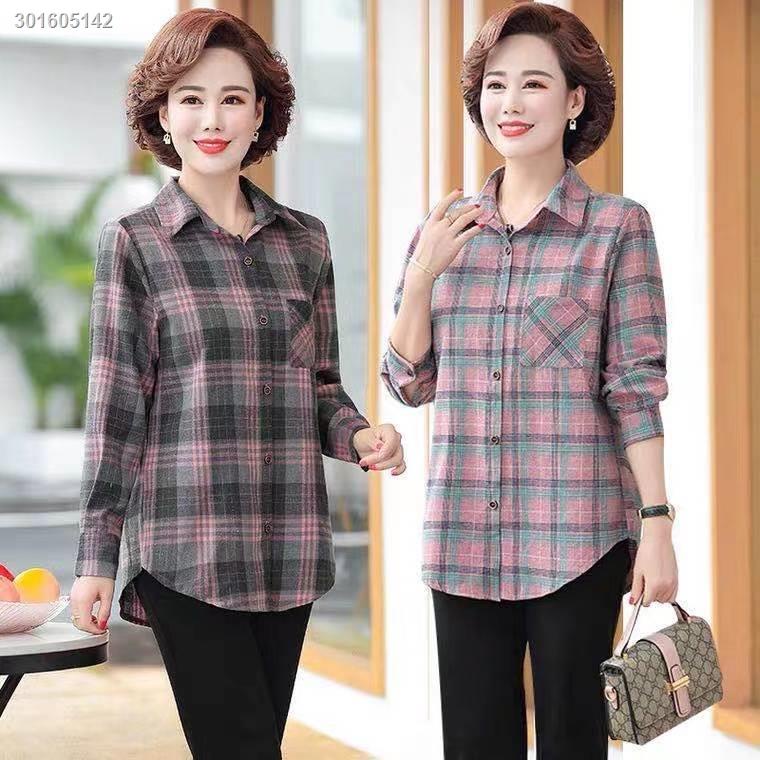 Single/Fleece Mother s Wear Large Size Pure Cotton Western-style Shirt Jacket Middle-aged and Elderly Women Plaid Shirt Top/Set