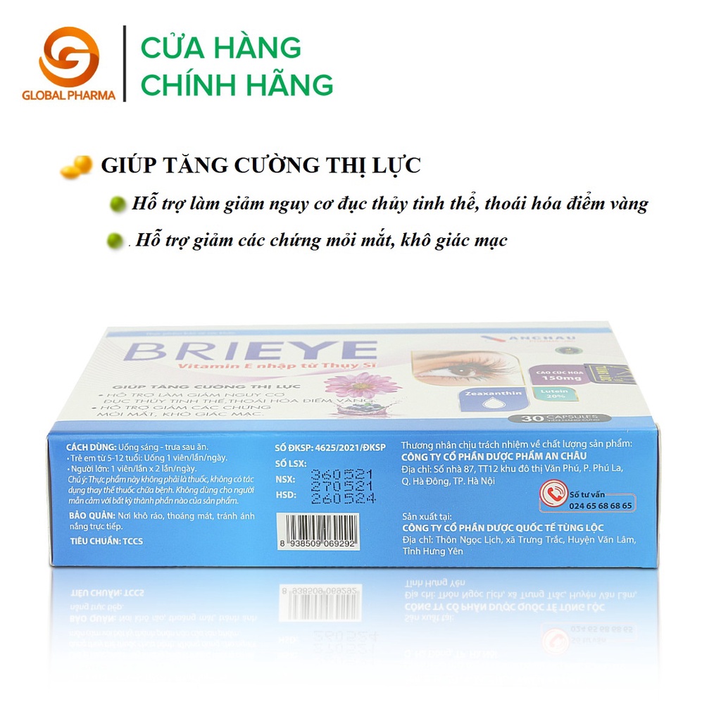 Viên uống Brieye An Châu giảm nguy cơ đục tinh thủy hỗ trợ thị lực cho mắt vitamin e hộp 3 vỉ 30 viên - Global Pharma