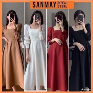 Đầm cổ vuông tay phồng màu trắng dáng xoè dài siêu sang