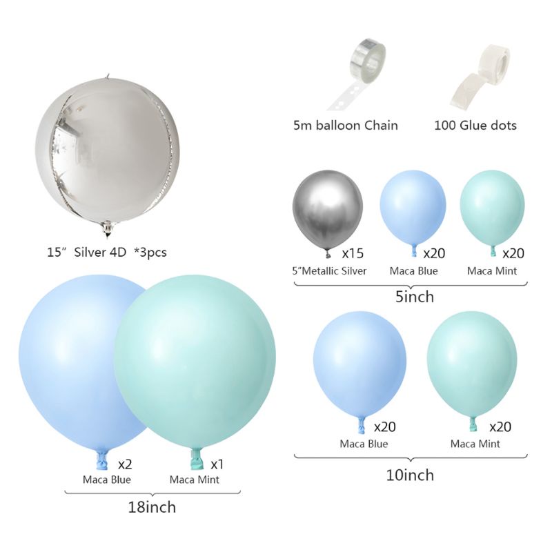 BTF Macaron Blue Mint Pastel Balloons Garland Arch Set 103pcs Ribbon DIY Birthday